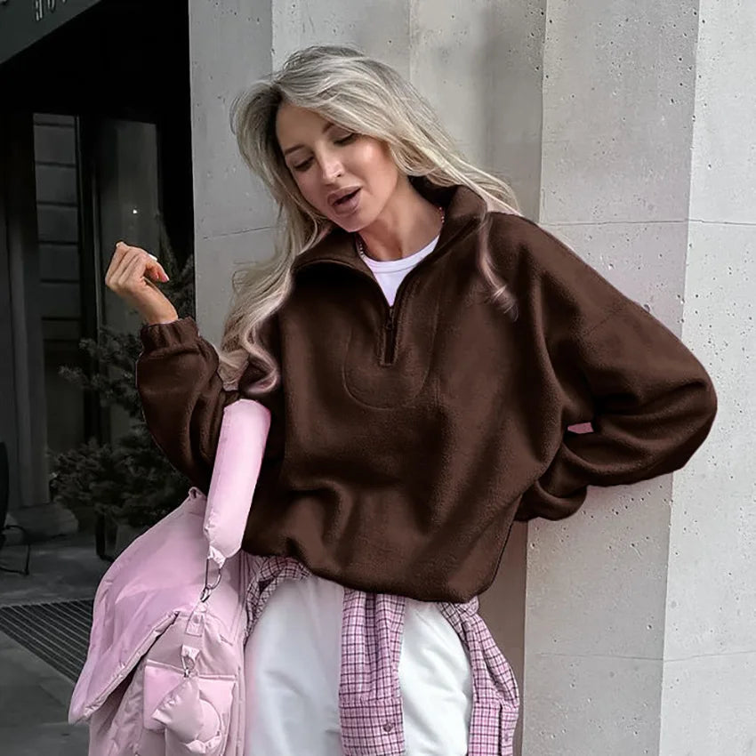 Women Autumn Winter Fleece Hoodies Elegant Stand Collar Zipper Loose Sweatshirt Elegant Solid Pullover Casual Top Streetwear LadyShow.Store