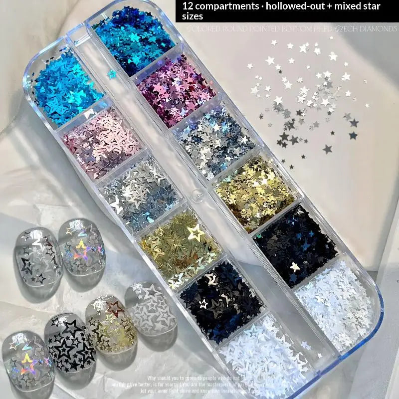 *12 Grids Mixed Mini Circular Colorful Nail Glitter Wave Point Sequin Sparkling Flower DIY Nail Decoration Nail Charms Pi-Mart