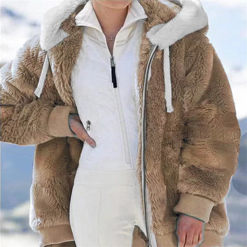 Women Winter Warm Faux Fur Jacket Plush Coat New Casual Hooded Fashion Zipper Soft Fleece Cashmere Jackets Female Thick Clothing LadyShow.Store