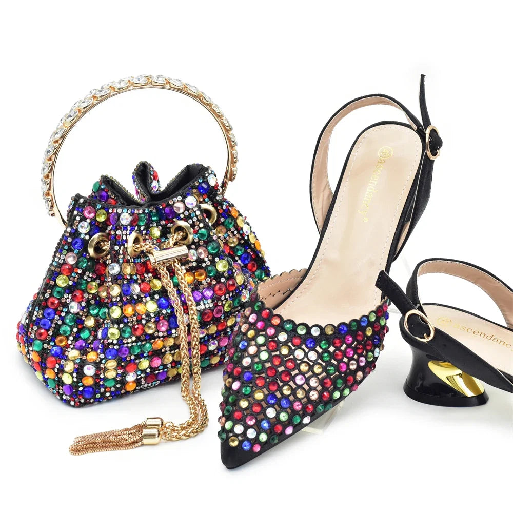 New Fashion Gold Color Shoes and Bags To Match Set Nigeria Party Women's Wedding Bag and Shoe Set Decorated with Rhinestone LadyShow.Store