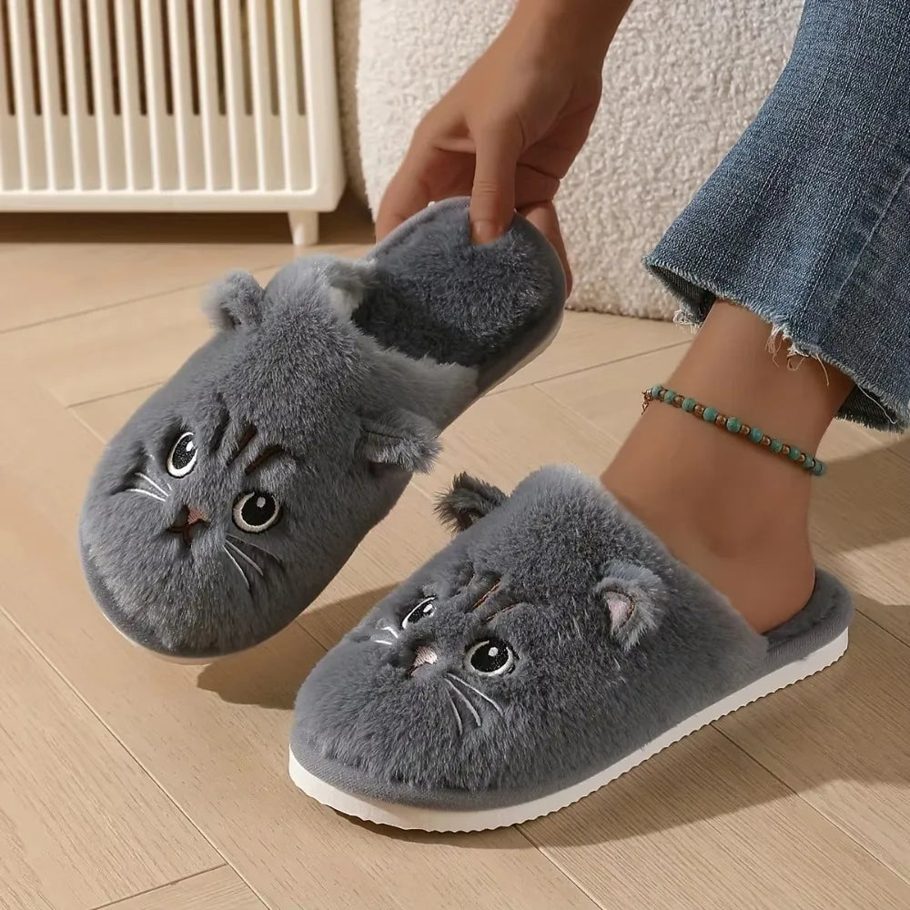 Womens Plush Cat Slippers Winter Warm Cozy Indoor House Shoes Soft EVA Sole Non-Slip Design LadyShow.Store
