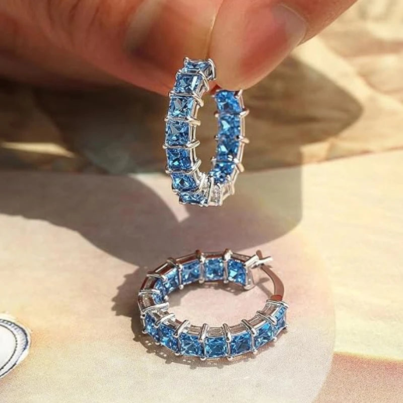 Huitan Princess Square Cubic Zirconia Hoop Earrings Luxury Trendy Ear Circle Earrings for Women Fashion Versatile Female Jewelry Pi-Mart