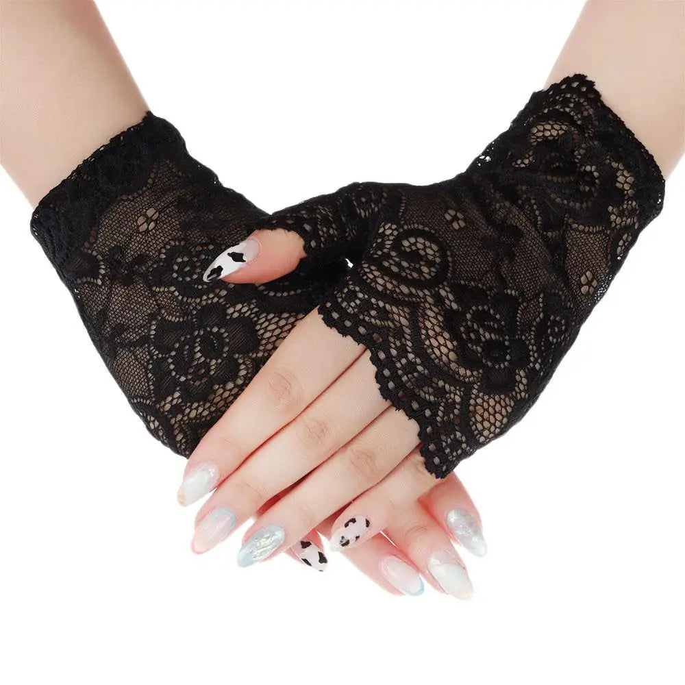 Women Short Lace Hollow-Out Fingerless Gloves Sun Protection Sleeves Mesh Thin Cycling Sexy Mittens Half Finger Handschoenen Pi-Mart