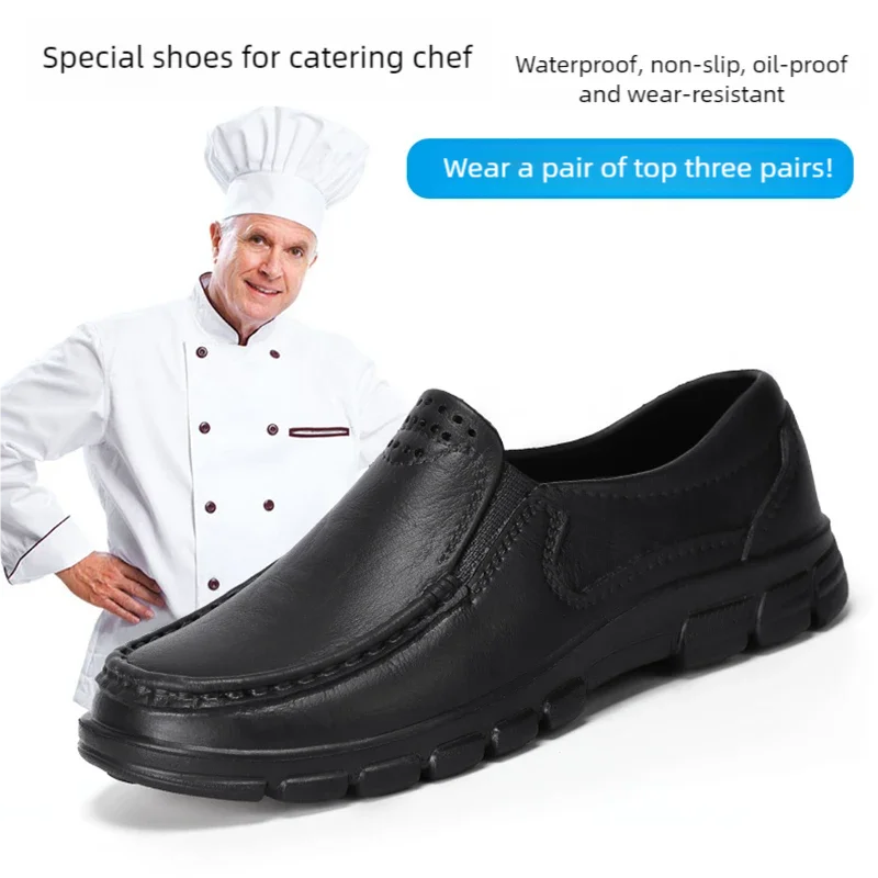 Chef shoes four season new anti slip oil resistant plus size business casual men's work leather shoes fashion comfort soft soled Pi-Mart