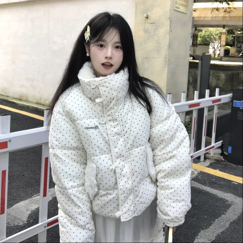 Women's Kawaii Polka Dot Down Cotton Jacket Korean Button Patchwork Corduroy Short Parkas Y2K Stand Collar Puffer Warm Jacket LadyShow.Store
