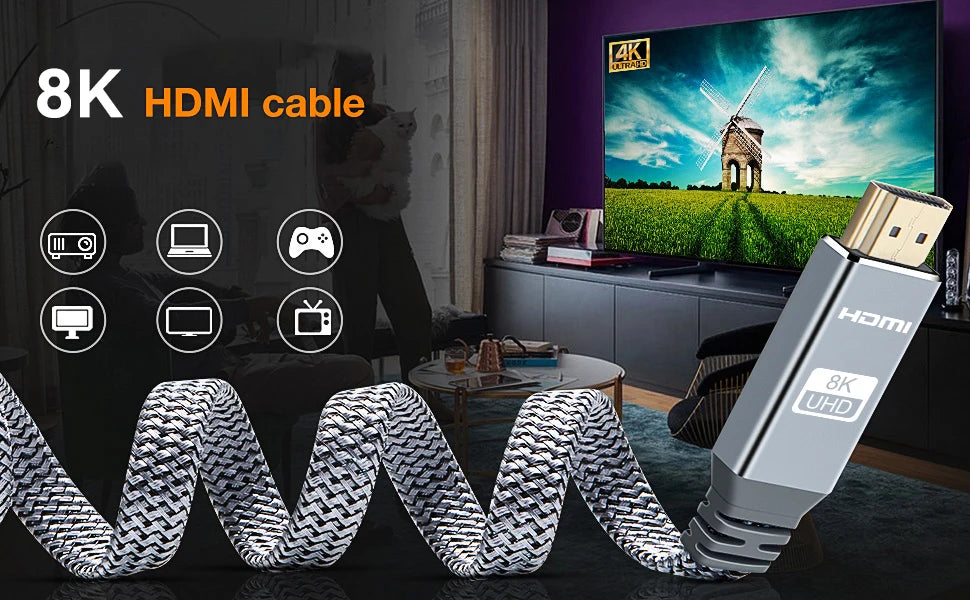 8K HDMI Flat Cable 48Gbps High Speed 8K60 4K120 144Hz Braided HDMI 2.1 Cord 3D eARC HDCP 2.2&2.3 Compatible with Roku TV/PS5 Pi-Mart