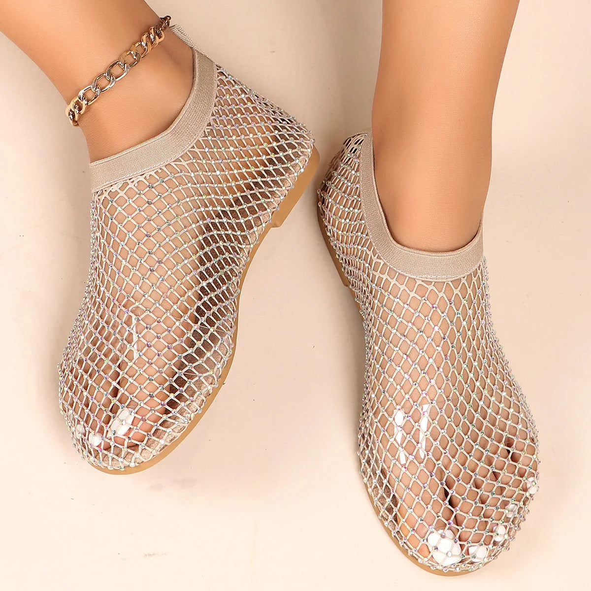 2024 Summer Women's New Round Toe Flat Bottom Sandals Hollow Short Boots Water Diamond Sexy Flat Bottom Fashion Banquet Slippers Pi-Mart