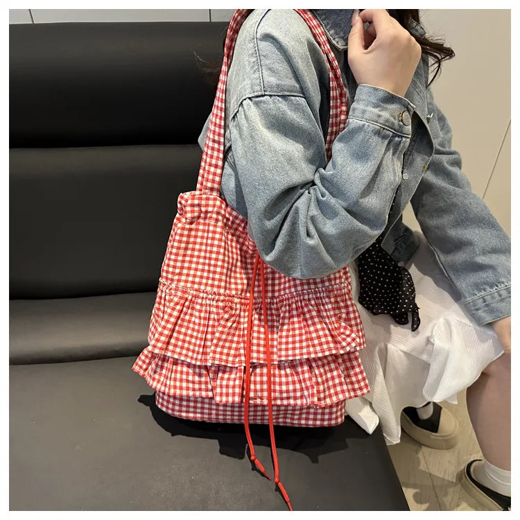 Large Capaci Cute Plaid Cotton Tote Bag  Lace Trim Women's Summer 2025 Simple Lady Handbag Soft Shoulder Bags Bolsa Feminina Pi-Mart