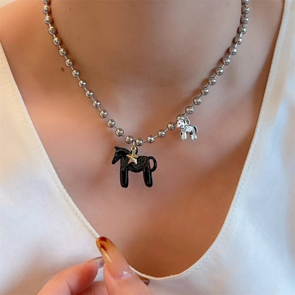 LATS White Black Green Blue Pink Color Enamel Colt Horse Pendant Necklaces for Women Silver Plated Alloy Beads Chain Chokers Pi-Mart