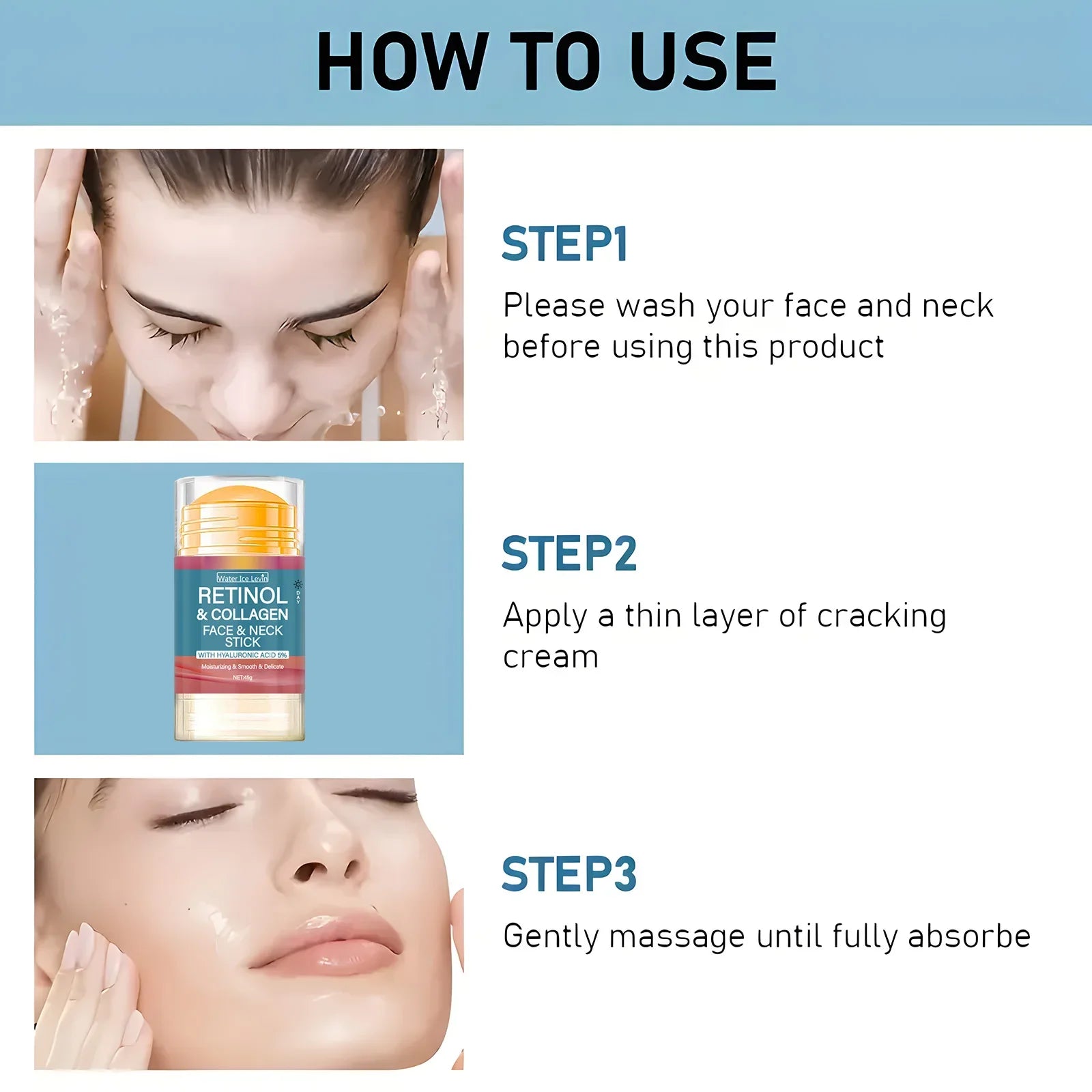 Retinol and Collagen Facial and Neck Care Stick Containing Hyaluronic Acid 5%, Moisturizing and Firming, Locking in Moisture, Day and Night Care, Portable Skin Care Tri Light Beauty