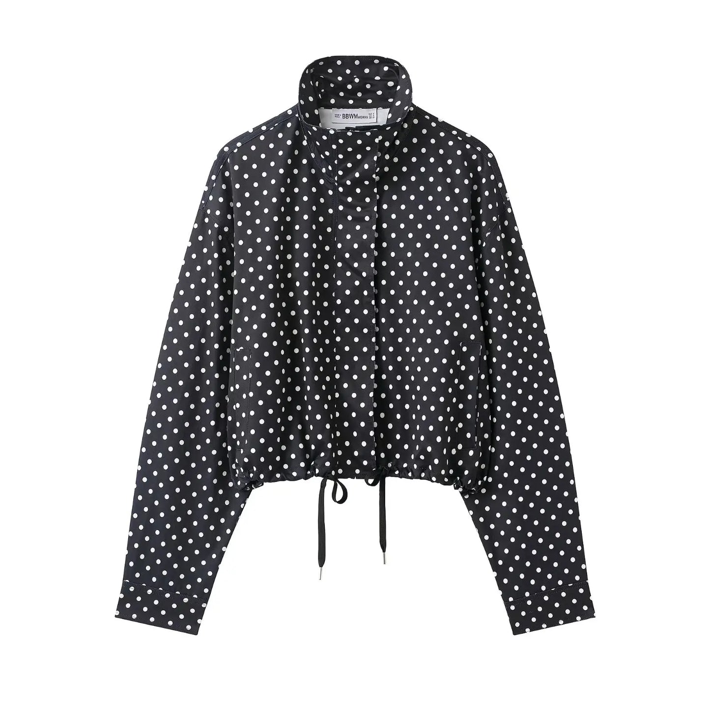 HH Fashion Women's Polka Dot Print Short Coats Autumn Long Sleeves Turtleneck Zipper With Pockets Drawstring Casual Jacket Pi-Mart
