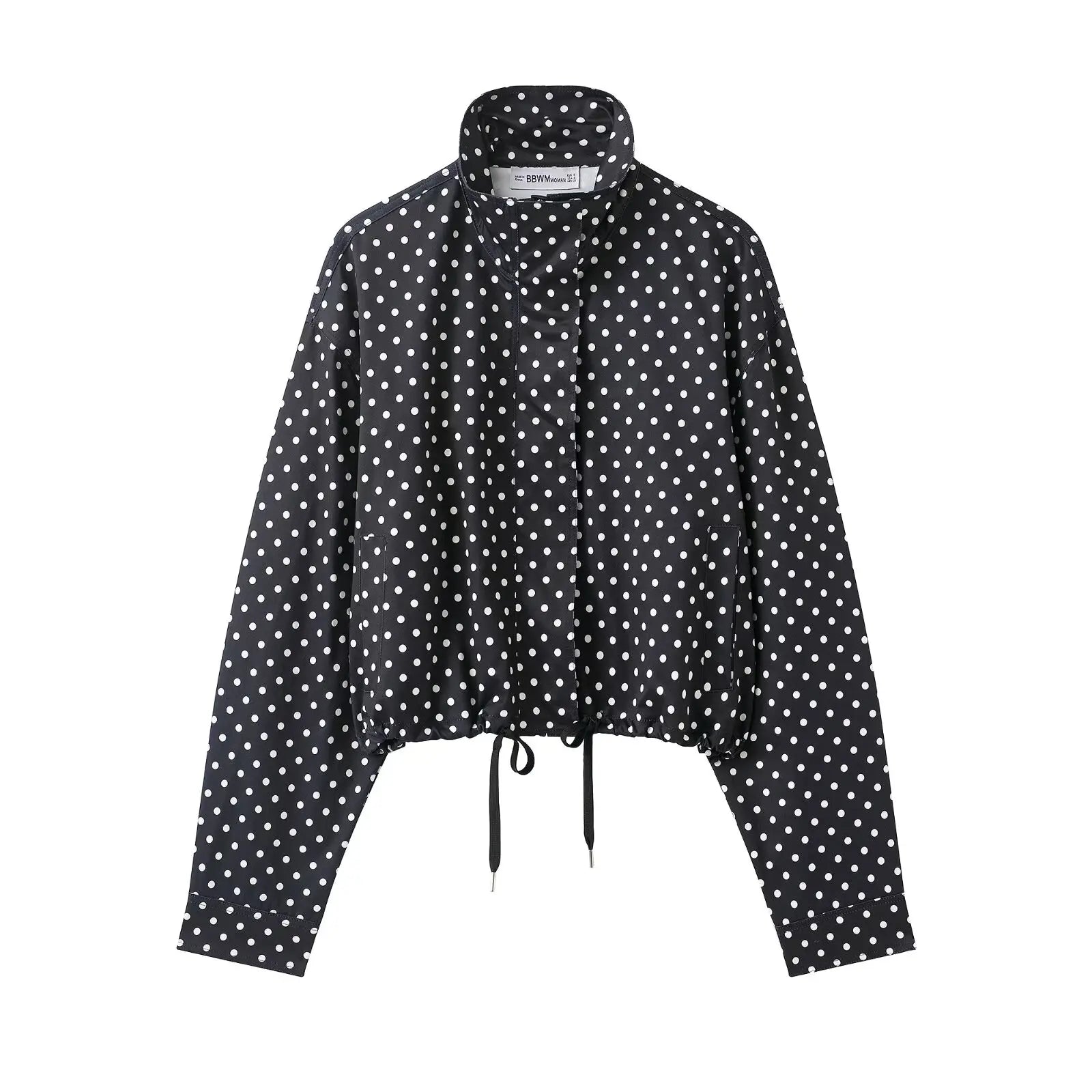 HH Fashion Women's Polka Dot Print Short Coats Autumn Long Sleeves Turtleneck Zipper With Pockets Drawstring Casual Jacket Pi-Mart