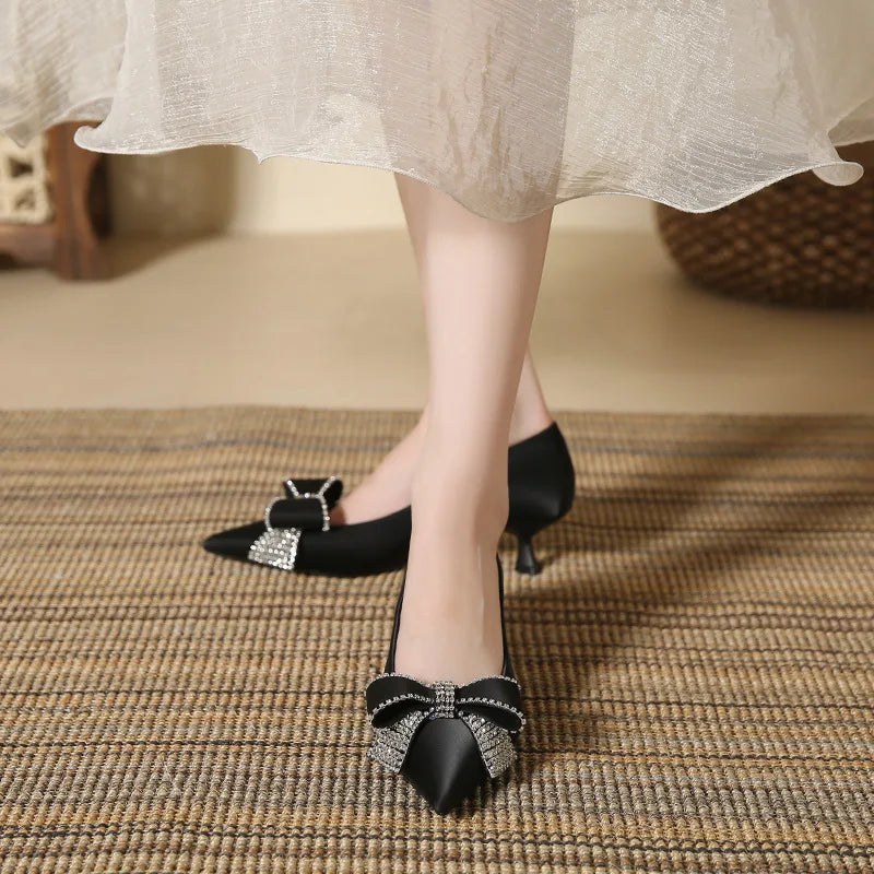 High Quality Satin Rhinestone Bowknot Design Kitten Heel Pumps Women Pointed Toe Elegant Party Shoes Luxury Wedding Bride Heels LadyShow.Store