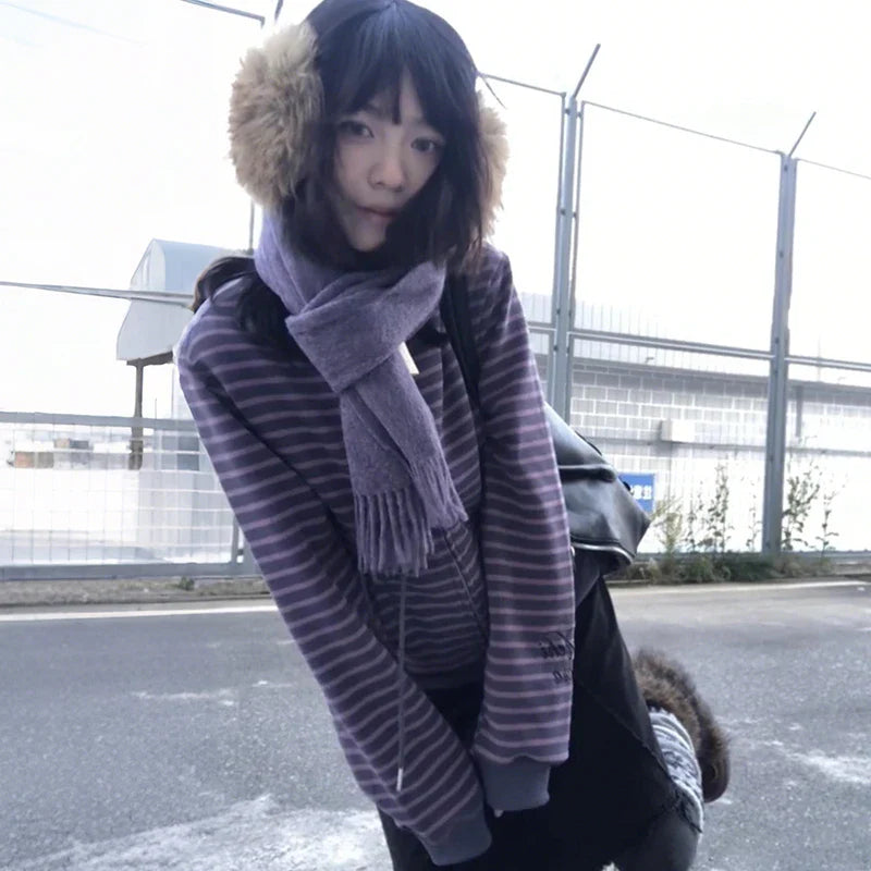 Karrram Japanese Y2k Purple Striped Cardigan 2000s Style Turtleneck Knitted Jacket Vintage Harajuku Zipper Knitwear Korean 90s LadyShow.Store