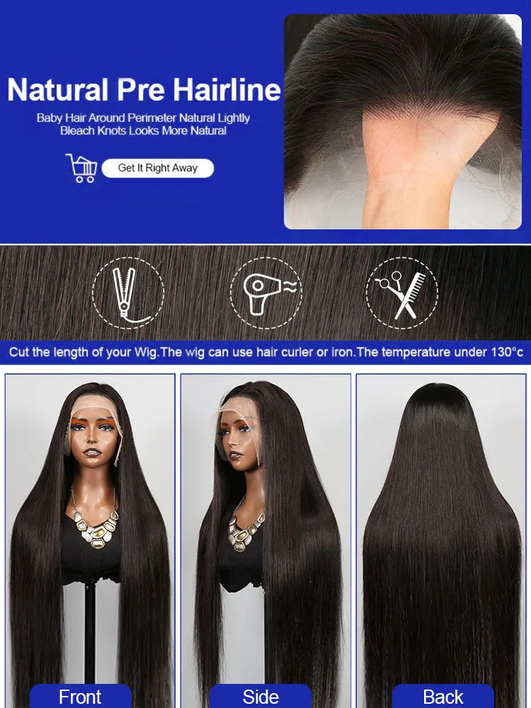 40 Inch Bone Straight Human Hair Wig 13x4 13x6 HD Transparent Lace Wigs Brazilian Full Lace Frontal Wig For Women 300% Density LadyShow.Store