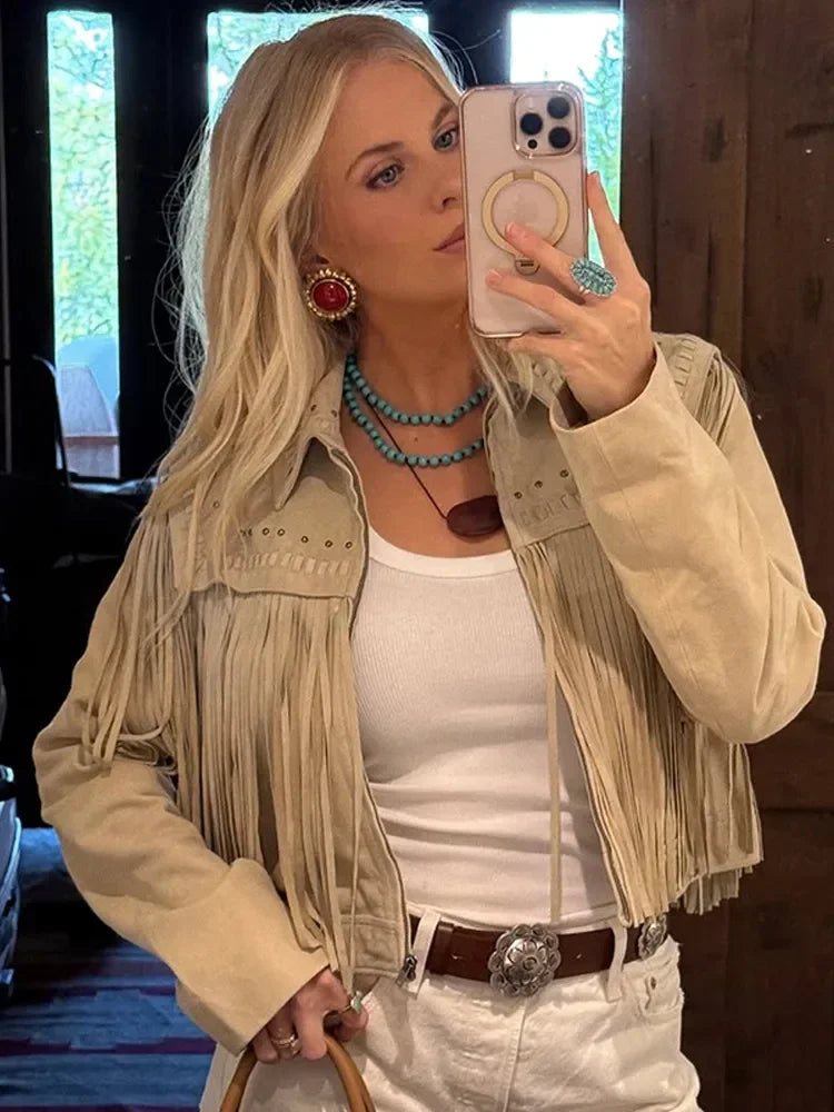 Short Pu Suede Jacket Women Fashionable New 2025 Long Sleeve Tassel Lapel Collar Cropped Slim Coat Lady Street New Outerwear LadyShow.Store