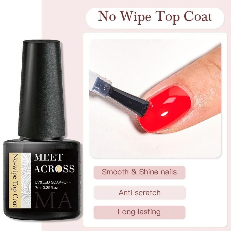 MEET ACROSS 7ml Base Top Coat Gel Polish Soak Off Semi Permanent UV Gel Nail Art Varnish Base Gel Top Coat Gel Varnish Manicure Tri Light Beauty