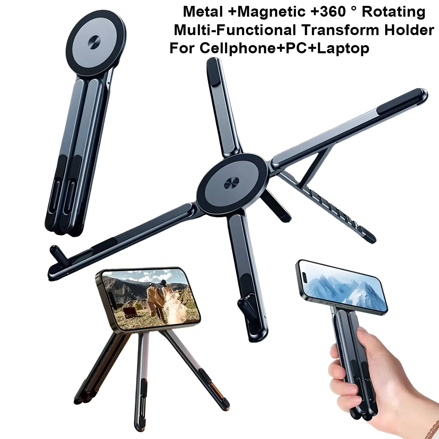 Portable Magnetic Phone Holder & Selfie Stick 3-in-1 Foldable Tripod Stand for iPhone iPad Tablet Laptop Desktop Use Pi-Mart