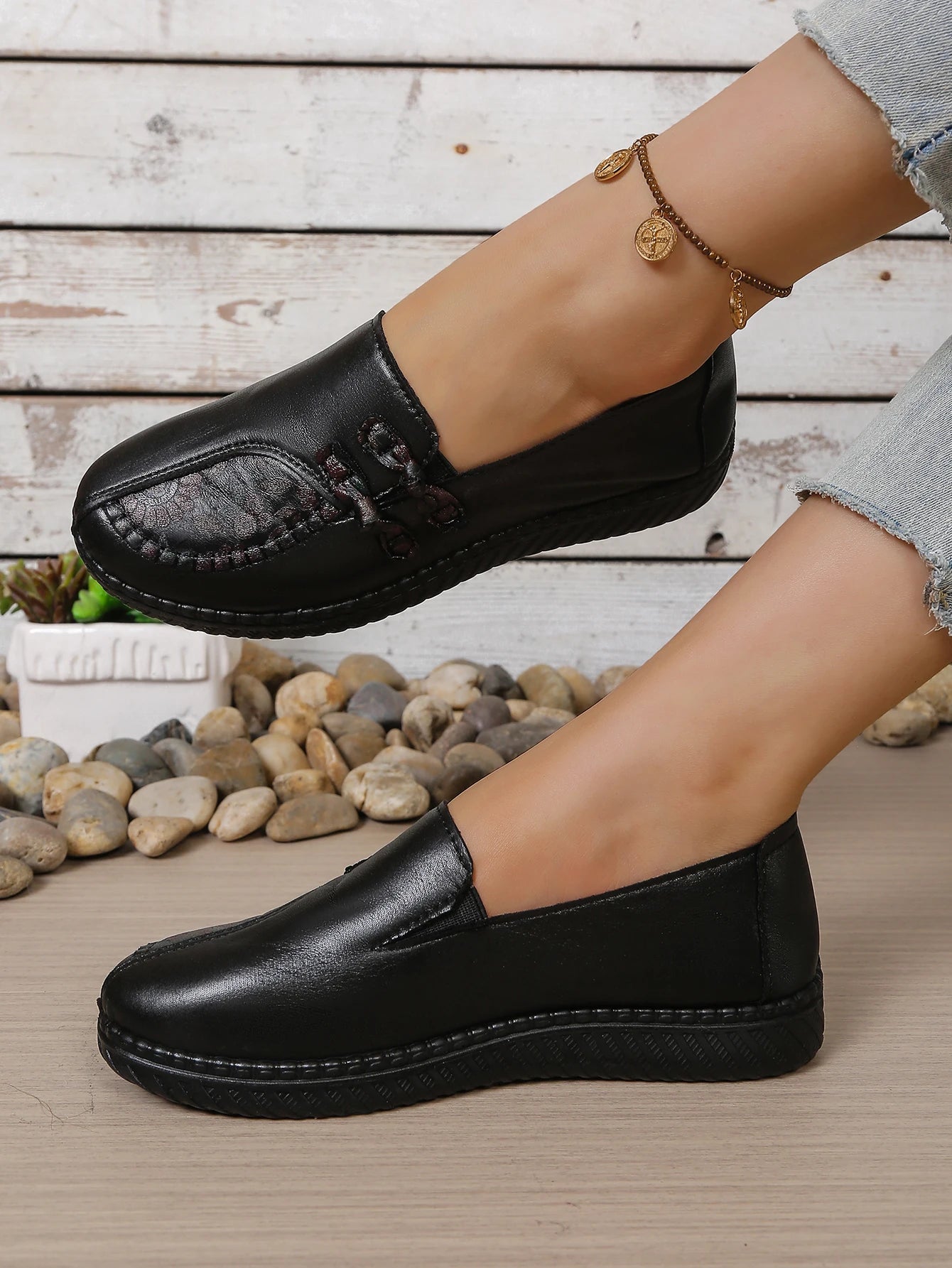 Women's Spring Autumn Leather Loafers Floral Embossed Slip‑On Flats Anti‑Slip Comfort Casual Mom Daily Walking Free Shipping Pi-Mart