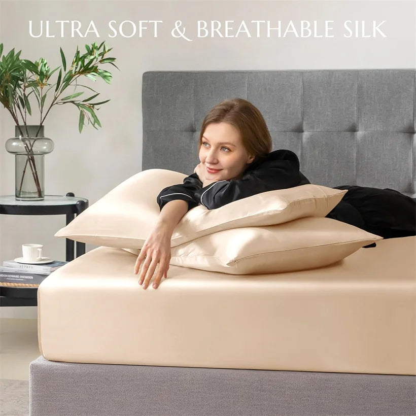 3pcs Set 100% Mulberry Silk Bed Sheet Set with 1pc Fitted Sheet and 2pcs Pillowcase Mattress Cover for Double King Queen Size LadyShow.Store