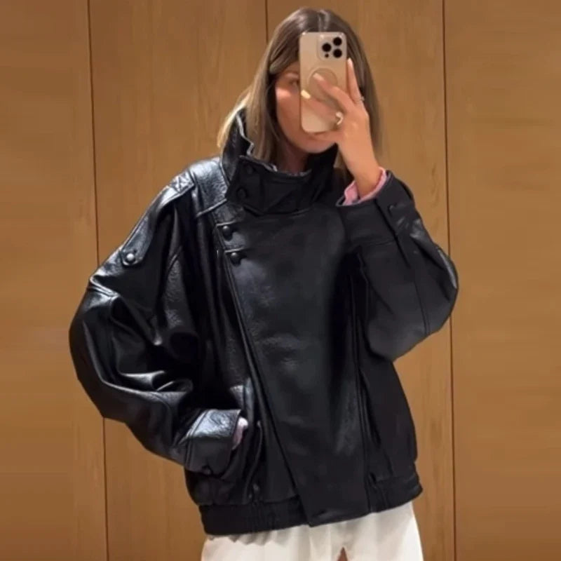 HXAO Faux Leather Black Jackets For Woman New Arrival Cropped Oversize Bomber Jacket Zip-Up Long Sleeve Coats Motorcycle Jackets LadyShow.Store