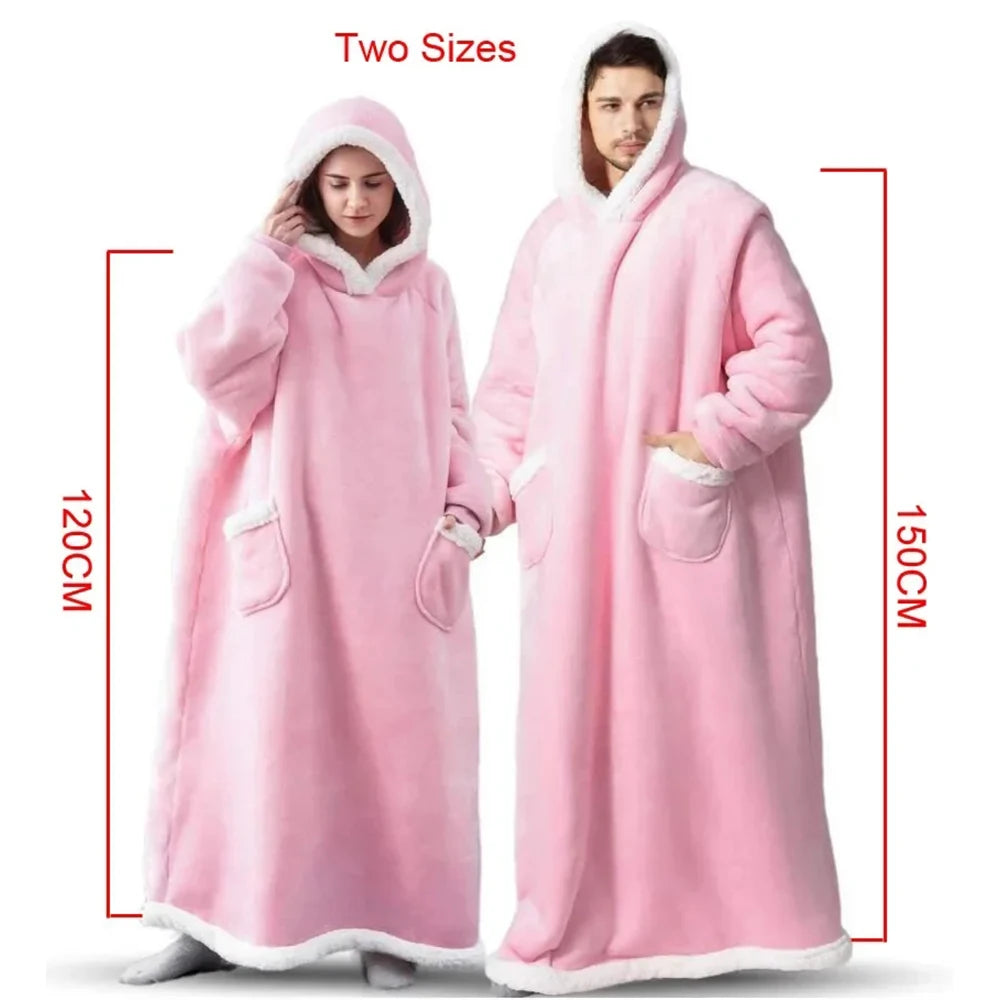180cm Super Long Flannel Blanket Pyjamas with Sleeves Winter Hoodies Sweatshirt Women Men Pullover Fleece Giant Oversized Outdoo Pi-Mart