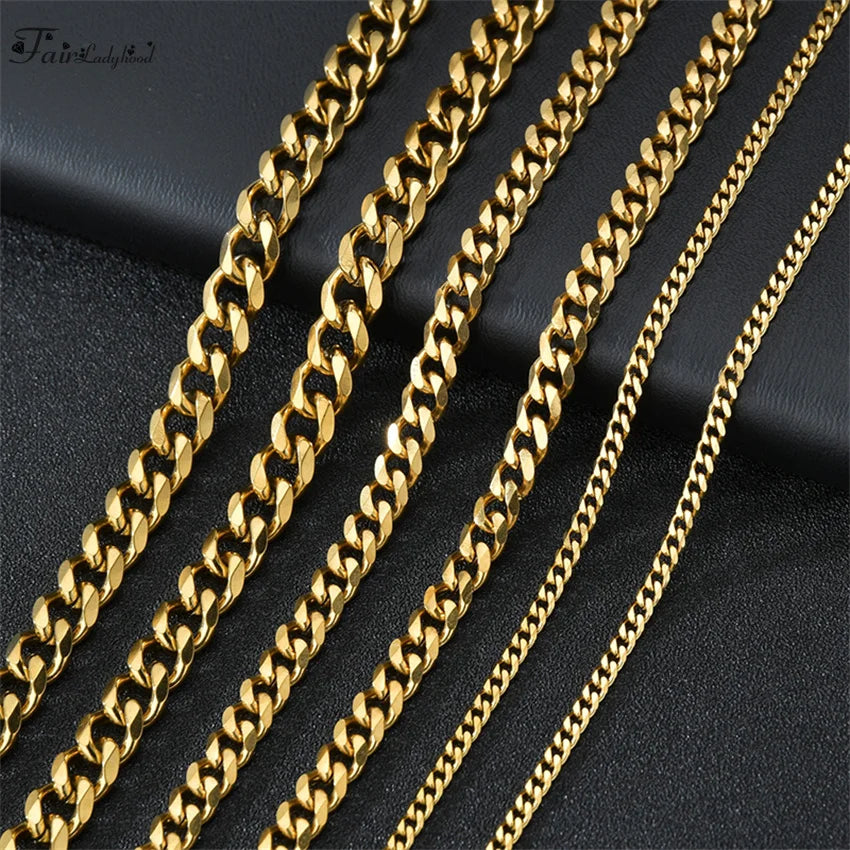 1 piece Size 3.6mm-9mm Men's Necklace Stainless Steel Cuban Link Chain Bracelet Necklace Steel Color Male Jewelry Pi-Mart