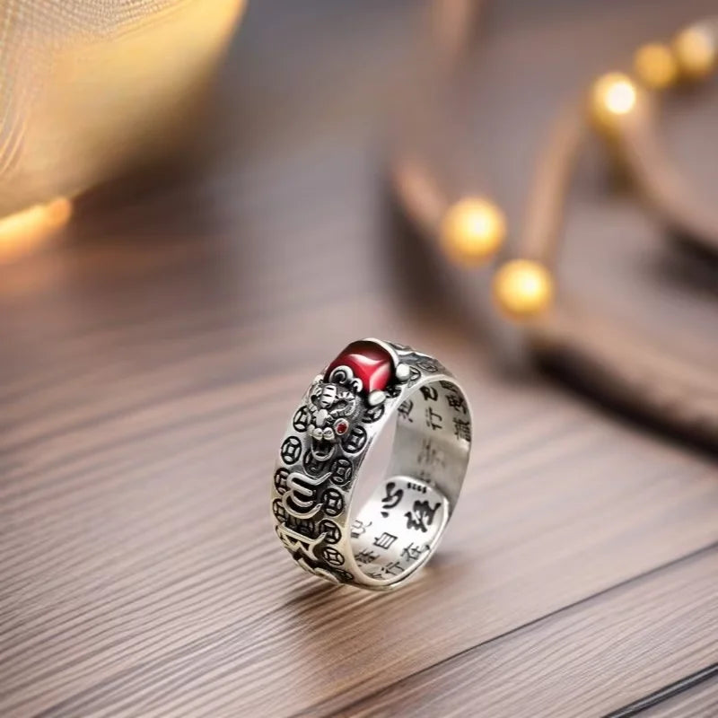 Chinese Feng Shui Pixiu Ring Silver Plated Copper Coins Adjustable Rings for Women Men Amulet Wealth Lucky Jewelry Birthday Gift Pi-Mart