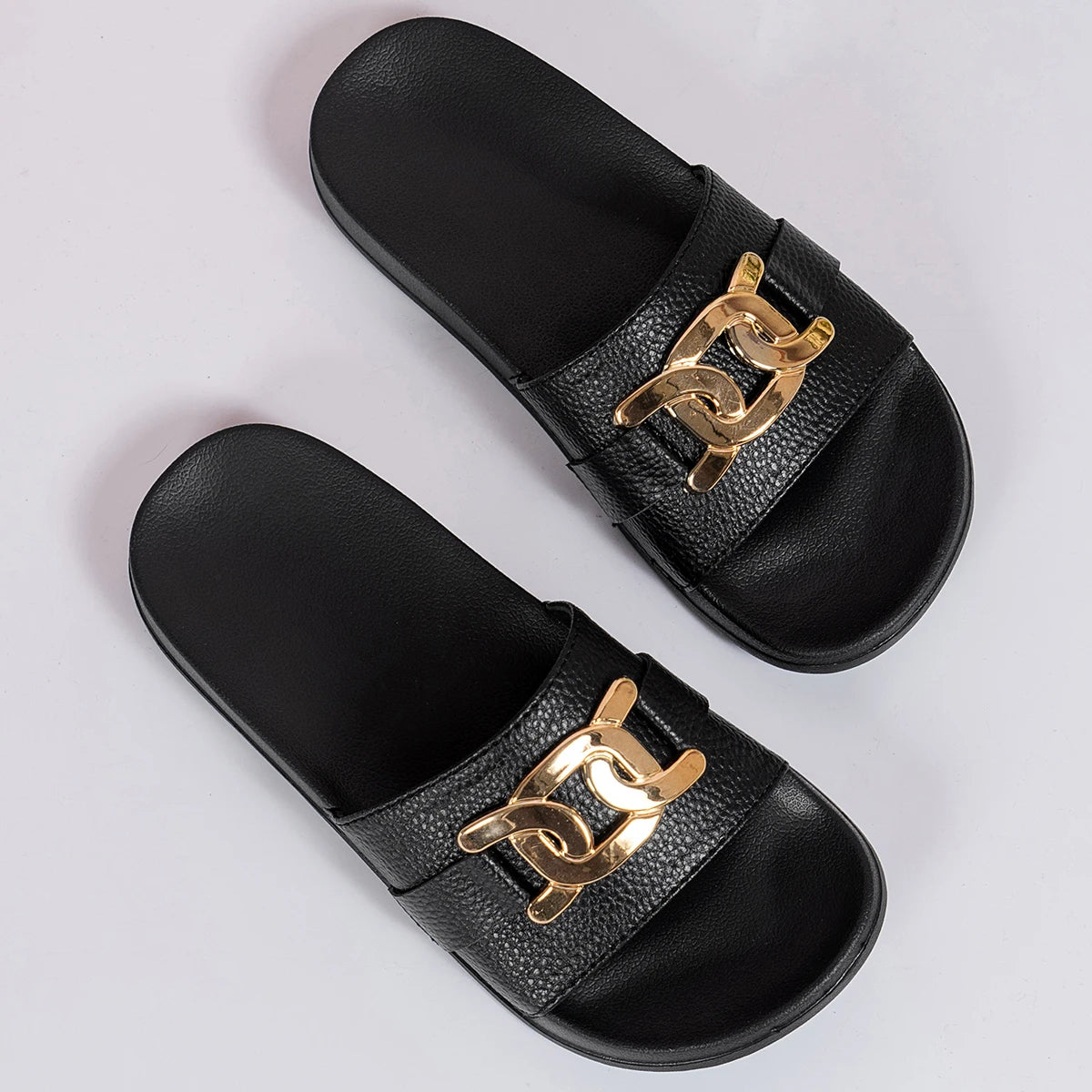 Women Summer Fashion Golden Buckle Anti-Slip, Lightweight, Comfortable, Breathable Round-Toed Indoor and Outdoor Slippers Pi-Mart