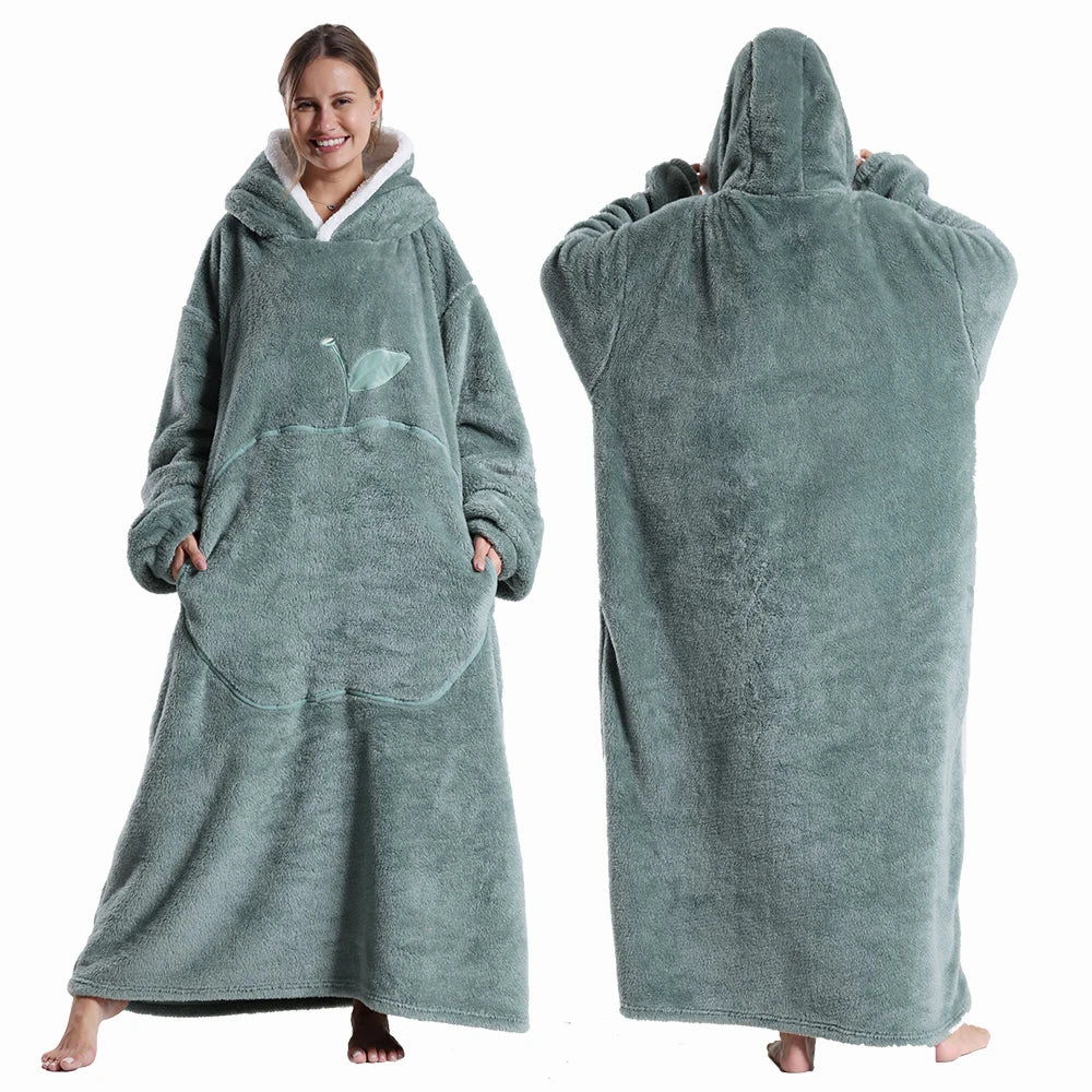 Women Plush Fleece Blanket Men Warm Thick Hoodies Adult Giant TV Blanlets with Sleeves Super Long Cold-proof Homewear Pajamas Pi-Mart