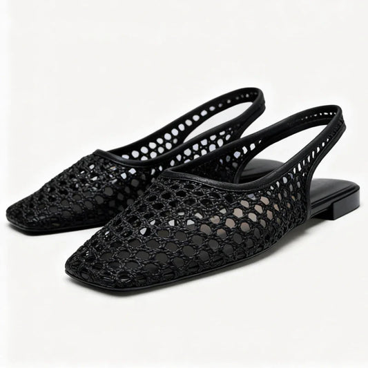 Weave Mesh Breathable Mules Sandals for Women Summer New Slingback Beach Shoes Casual Square Toe Fashion Ballet Flats Ladies LadyShow.Store