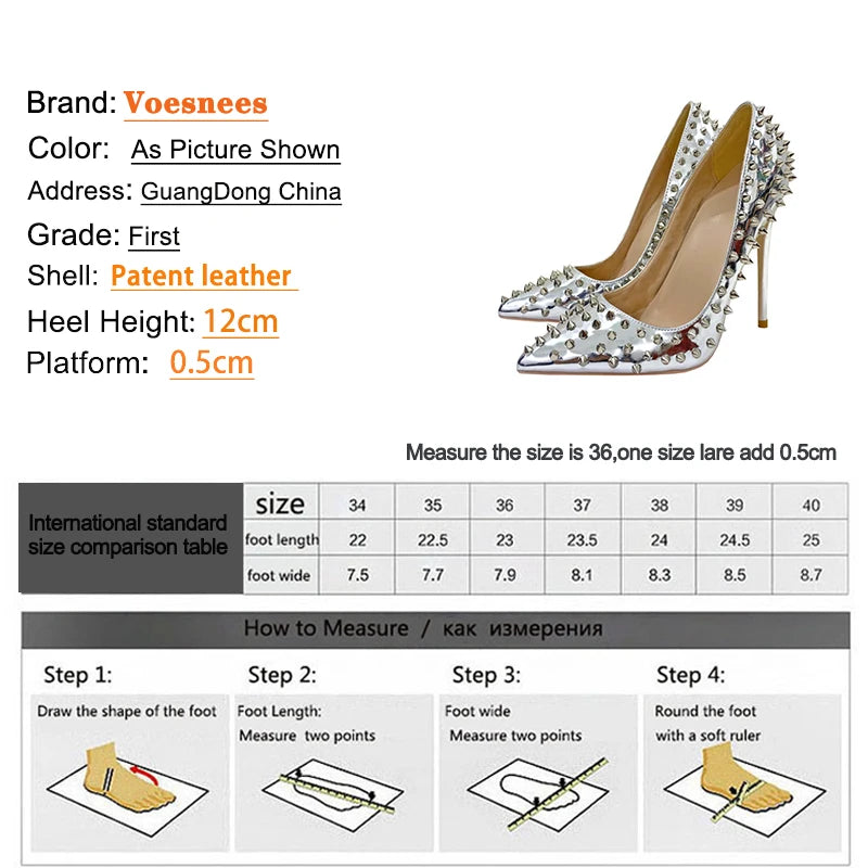 Women New Rivet High Heels 12CM Fashion Pointed Toe Party Single Shoes Europe And America Club Stage Pumps Silver Plus Size 43 Pi-Mart