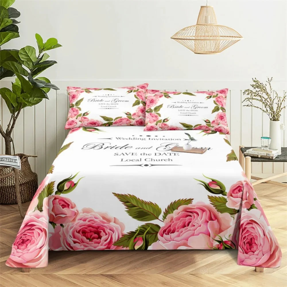 Pink Rose Bed Sheet Sets 3D Print Flowers Bed Flat Sheet for Women Girls King Queen Full Twin Size 2/3pcs Bed Linen Room Decor LadyShow.Store