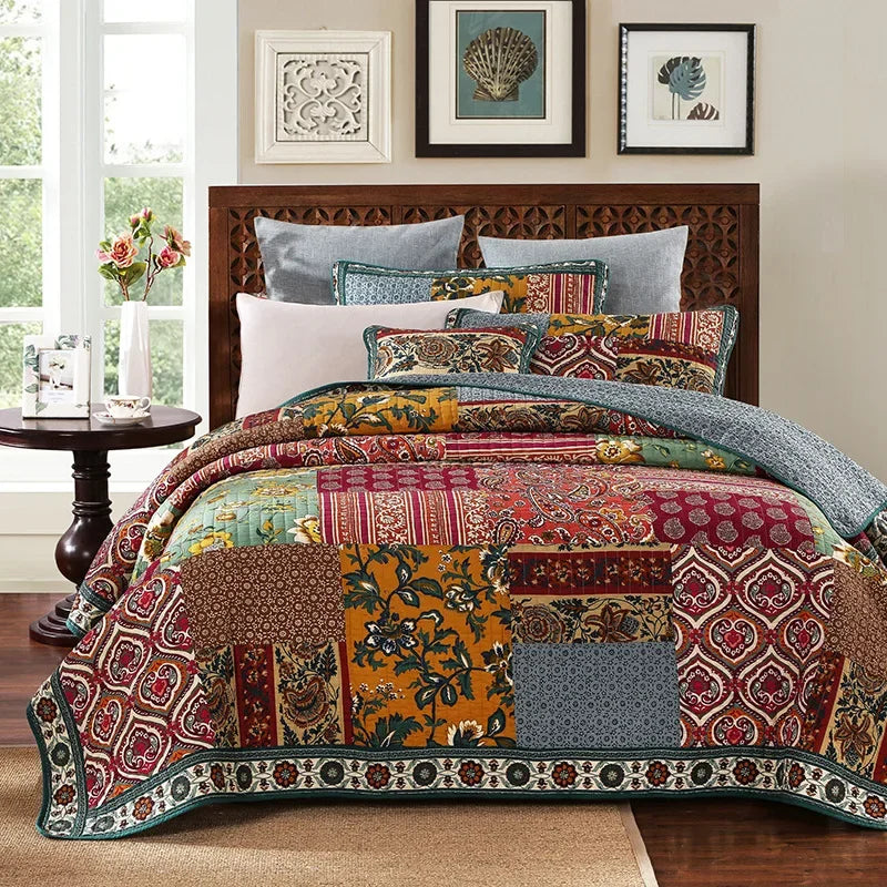 Vintage Patchwork Cotton Quilt Set 3PCS King/Queen - All-Season Thin Comforter Bedspread,Breathable Quilted Coverlet Bedding Pi-Mart