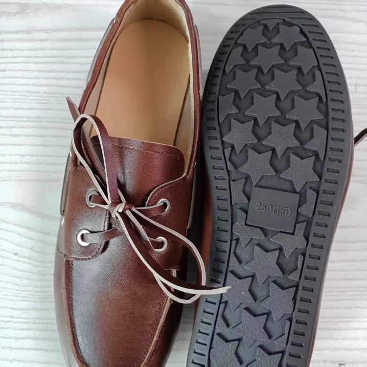 Leather Shoes for Women 2026 Spring and Autumn Sheepskin Worn Dirty Tied Soft Soled Loafer Shoes Retro One Foot Women's Shoe Pi-Mart