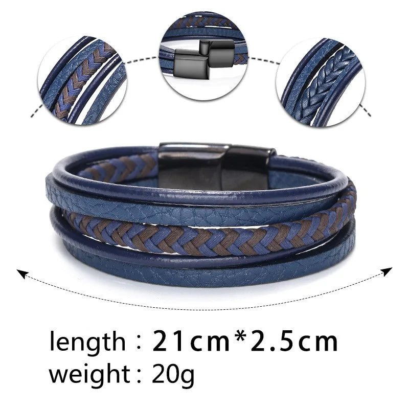 Trendy Leather Bracelets For Men Stainless Steel Bracelet 21CM Multilayer Braided Rope Bracelets for Male Jewelry Gifts Pi-Mart
