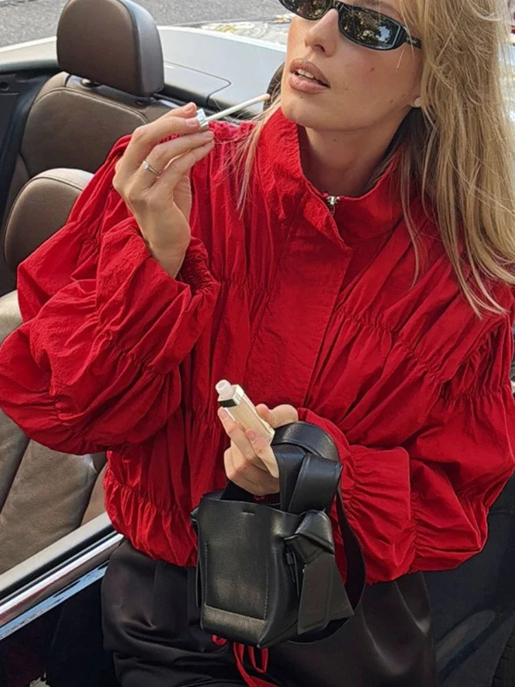Tossy Solid Commuting Pleated Jackets For Women Long Sleeves Stand Collar Loose Streetwear Cropped 2025 Coat Female Jacket Coat LadyShow.Store