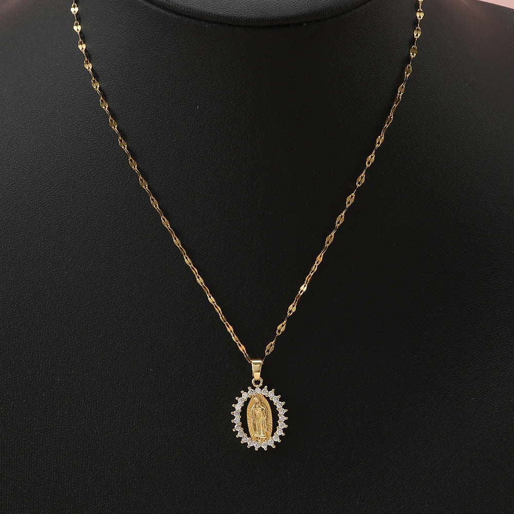 European and American Fashion and Gorgeous Women's All Sky Star Micro Inlaid Colorful Zircon Virgin Mary Hollow Necklace Pi-Mart