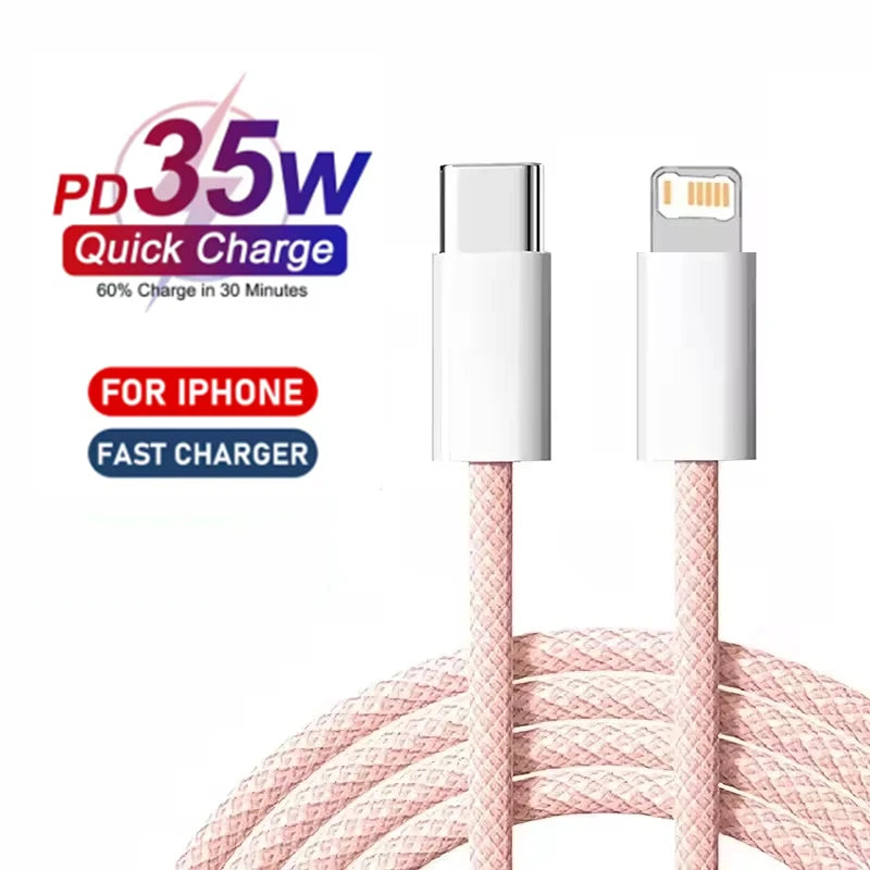 1m 2mPD Braided 35W Fast Charge Cable For iPhone 13 14 Pro Max 11 12 mini X XR XS Max 7 8 Plus Quick Charging USB-C Data Cables Pi-Mart