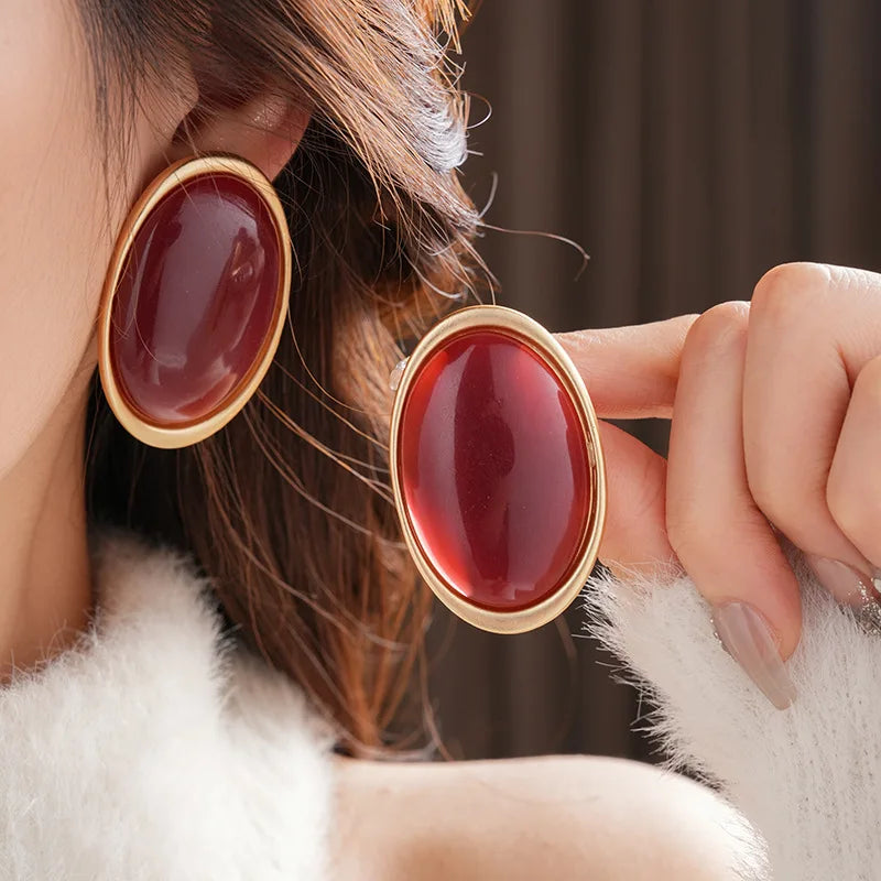 Anchor Red Geometric Oval Stud Earrings for Women Personality Versatile Resin Earrings Simple Fashion Jewelry Wholesale Gifts N1 Pi-Mart