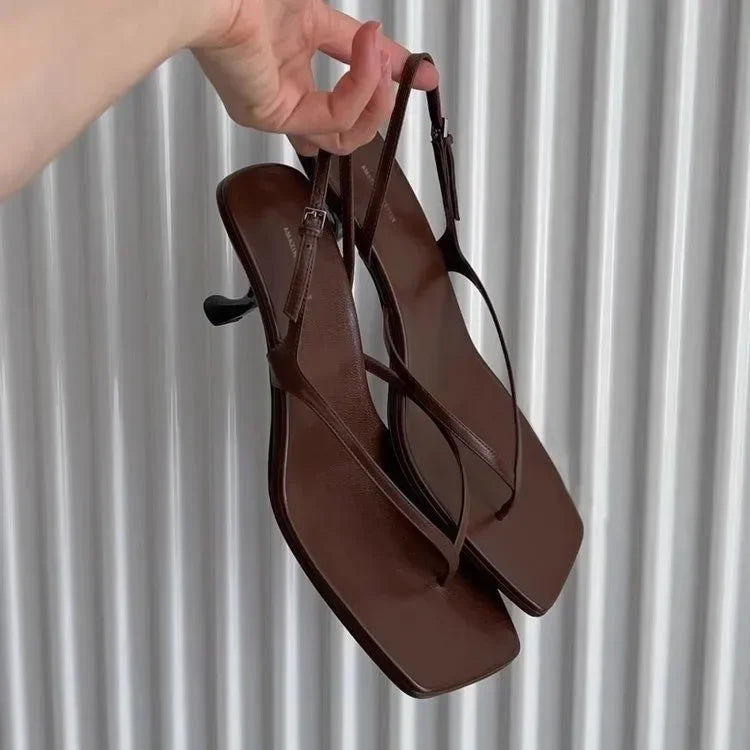 Retro Square Toe Clip Toe Sandals Kitten Heel Back Strap Brown Solid Concise French Style Sexy Fashion Women Shoes Summer Casual LadyShow.Store