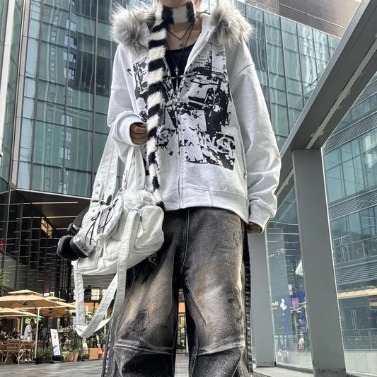 Korean Fashion Sweatshirts Harajuku Gothic Printed Coats Jackets Subculture Vintage Faux Fur Hooded Women Casual Y2k Clothing LadyShow.Store