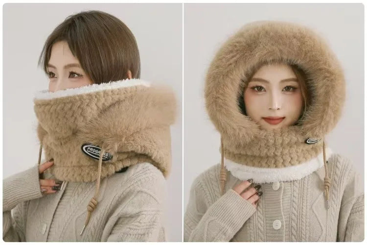 Simple Solid Color Cycling Windproof Cap Thickened Neck Warmer Ear Protection Hat Keep Warm Windproof Winter Hat Scarf Set Pi-Mart