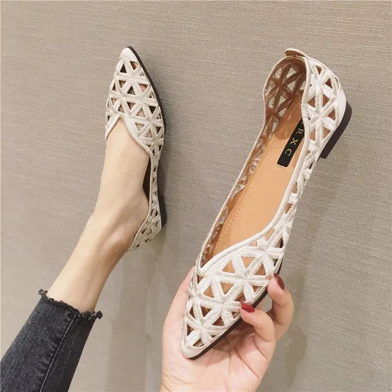 Flat Shoes Women 2026 Summer Pointy Joker Hollow Leisure Commuter Flat Spring Elegant Women's Shoes Breathable Hole Shoes Pi-Mart