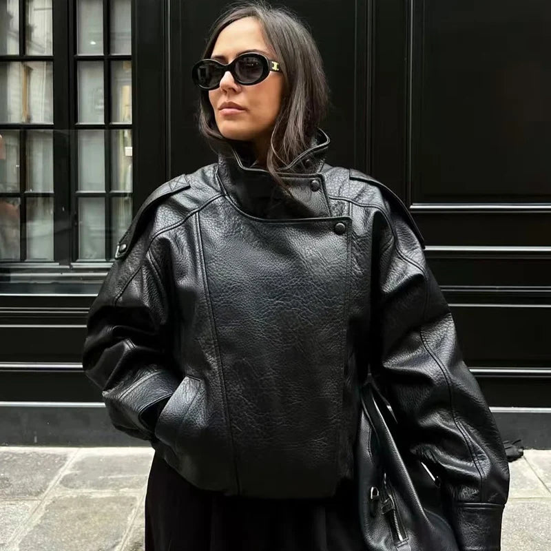 HXAO New Arrival Women's Bomber Jacket Leather Black Jackets Cropped Oversize Outerwears Zip-Up Long Sleeve Coats Outdoor Jacket Pi-Mart