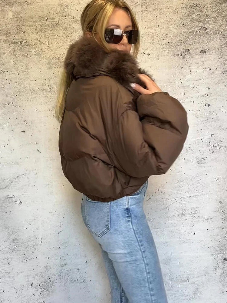 Luxury Thick Faux Fox Fur Collar Cropped Puffer Coat Women Oversized Lapel Zip Up Short Warm Windproof Winter Outerwear Jacket Pi-Mart