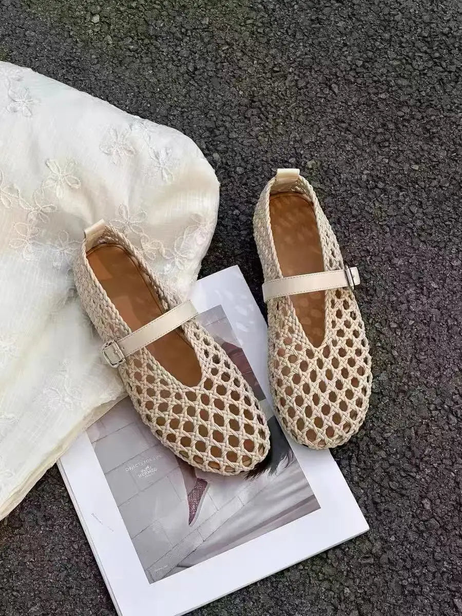 2026 Summer New Fashion Simple One-Buckle Vintage Flats for Women, Soft and Comfortable Ballet Shoes, Shallow Mouth Sandals Pi-Mart