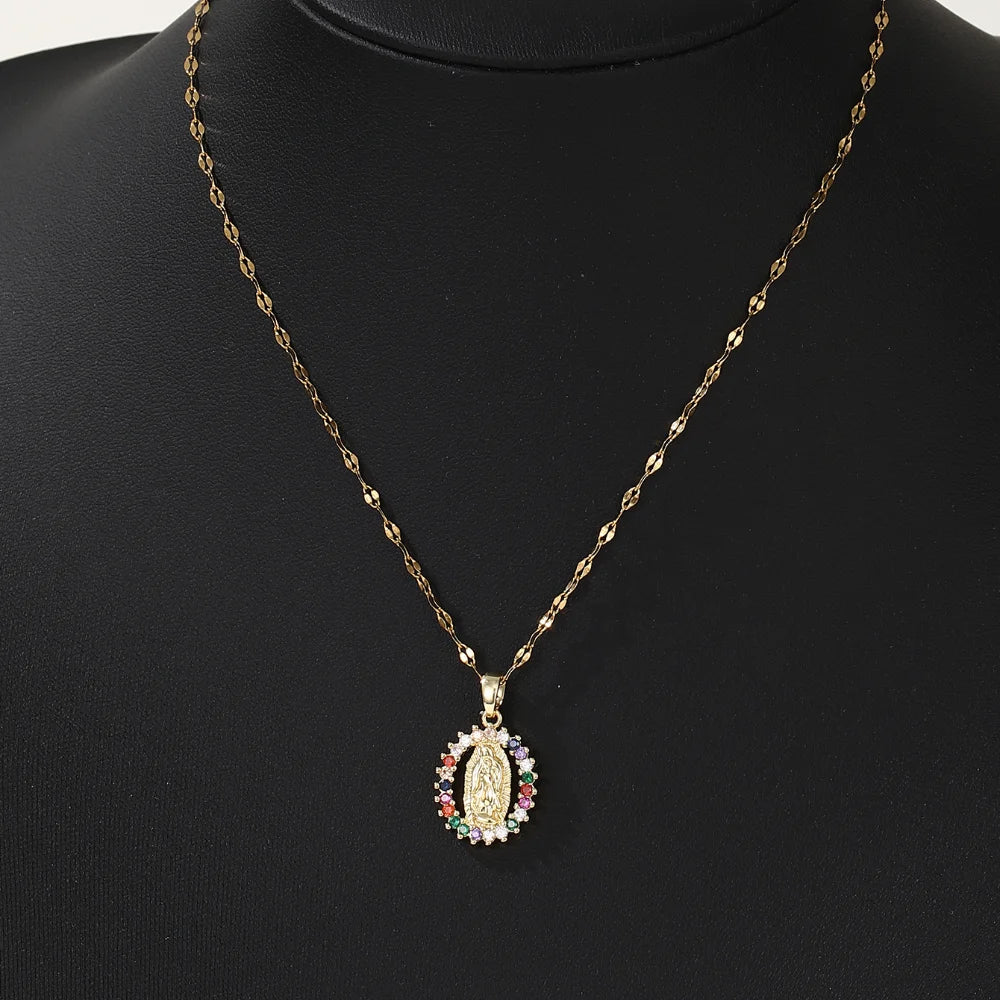 European and American Fashion and Gorgeous Women's All Sky Star Micro Inlaid Colorful Zircon Virgin Mary Hollow Necklace Pi-Mart