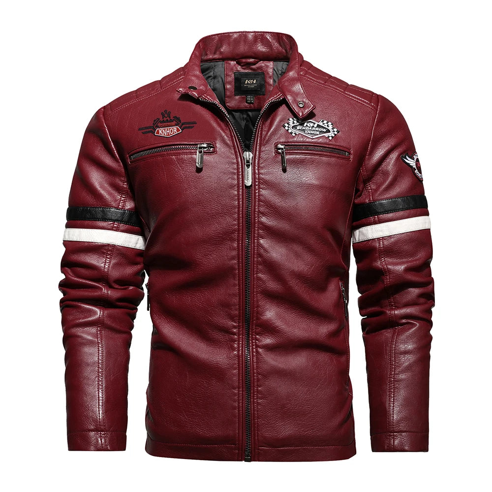 Mens Vintage Motorcycle Jacket 2024 Men Fashion New Biker Leather Jacket Male Embroidery Bomber Coat Winter Fleece Pu Overcoat Pi-Mart