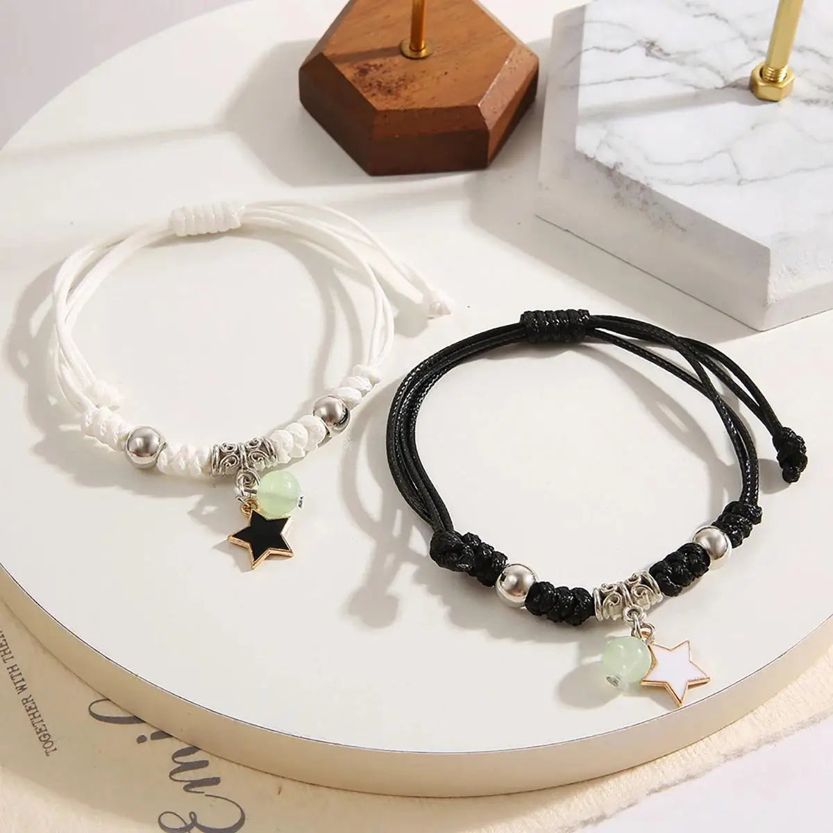 2PC Fashion Luminous Beads Star Couple Bracelet for Women Men Charm Cat Flower Heart Moon Love Matching Friend Bracelet Jewelry Pi-Mart